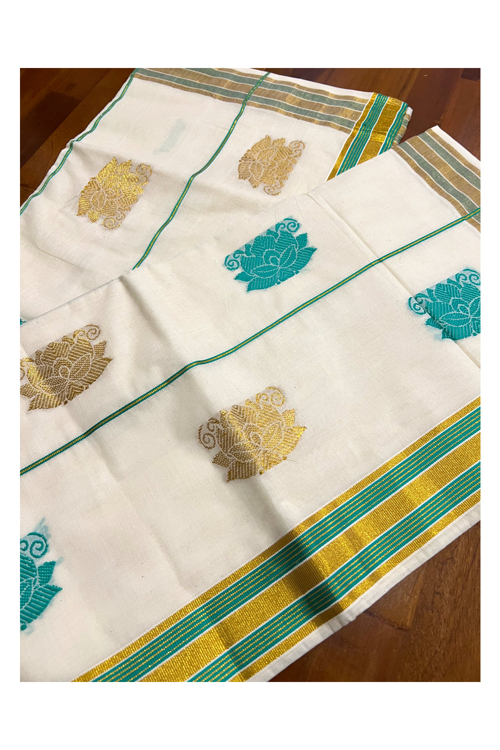 Southloom Pure Cotton Kerala Saree with Kasavu and Turquoise Heavy Works