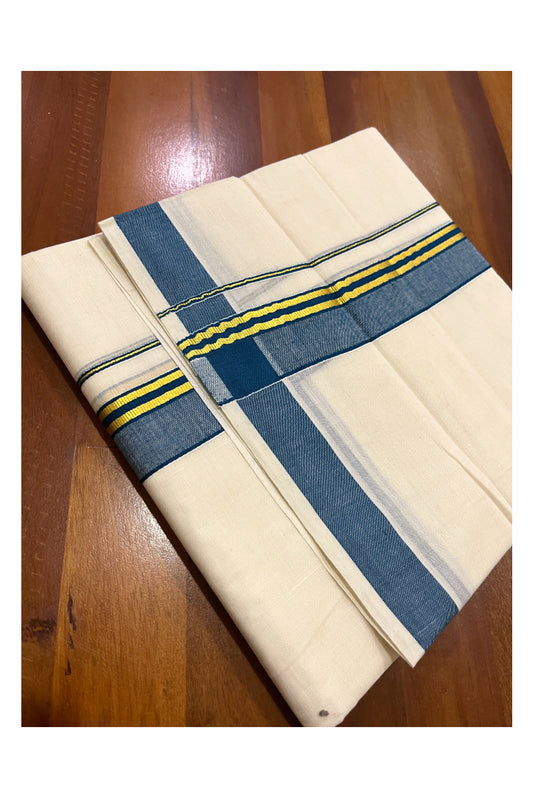 Pure Cotton Off White Double Mundu with Blue and Kasavu Kara (South Indian Dhoti)