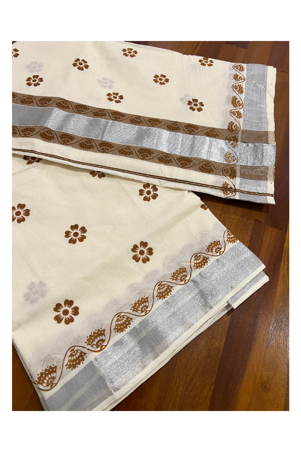 Pure Cotton Kerala Saree with Brown Block Printed Floral Design and Silver Kasavu Border