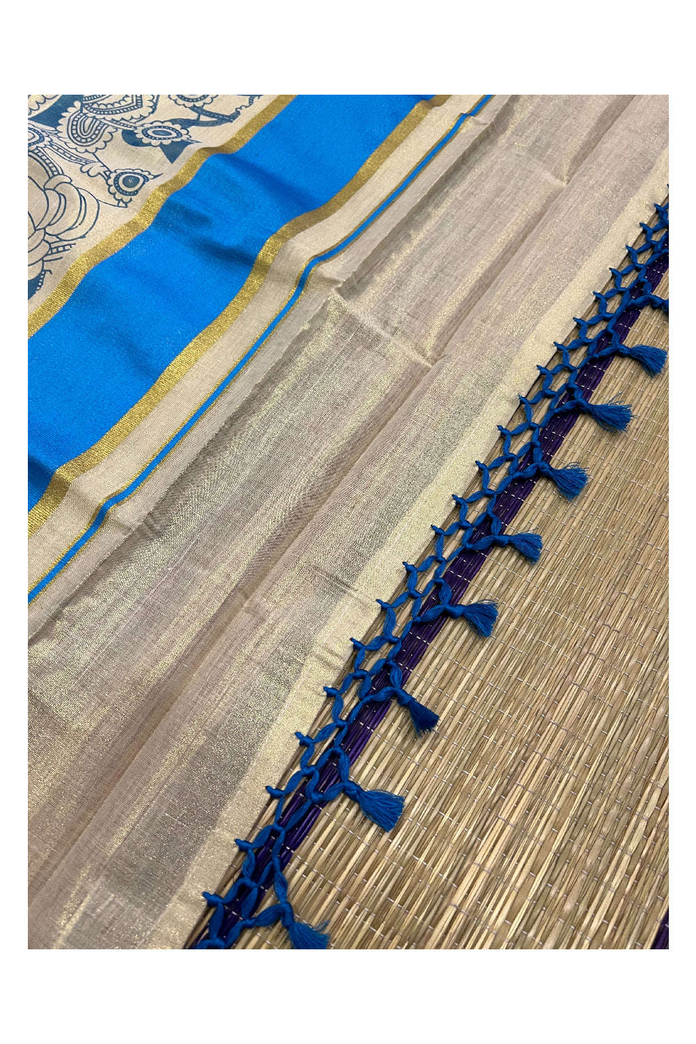 Kerala Tissue Kasavu Mural Printed Saree with Krishna Radha Design and Light Blue Border