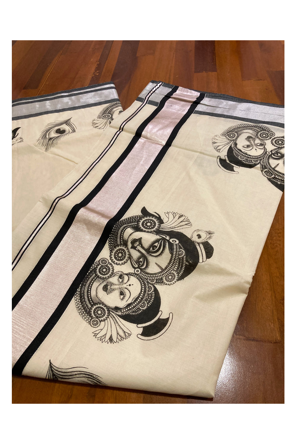 Kerala Pure Cotton Silver Kasavu Saree with Krishna Radha Face Mural Prints