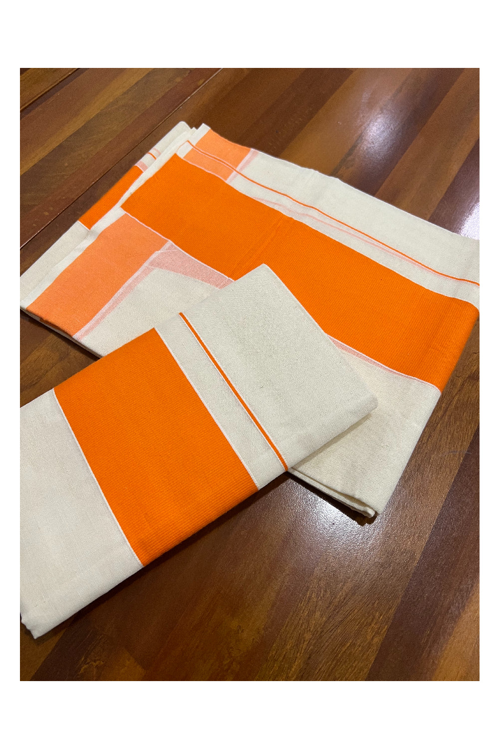 Kerala Cotton Mundum Neriyathum Single (Set Mundu) with Orange Border