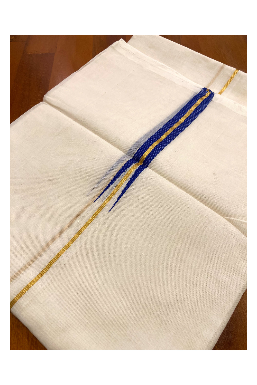 Southloom Premium Handloom Kasavu Double Mundu with Blue Chutti (South Indian Dhoti)