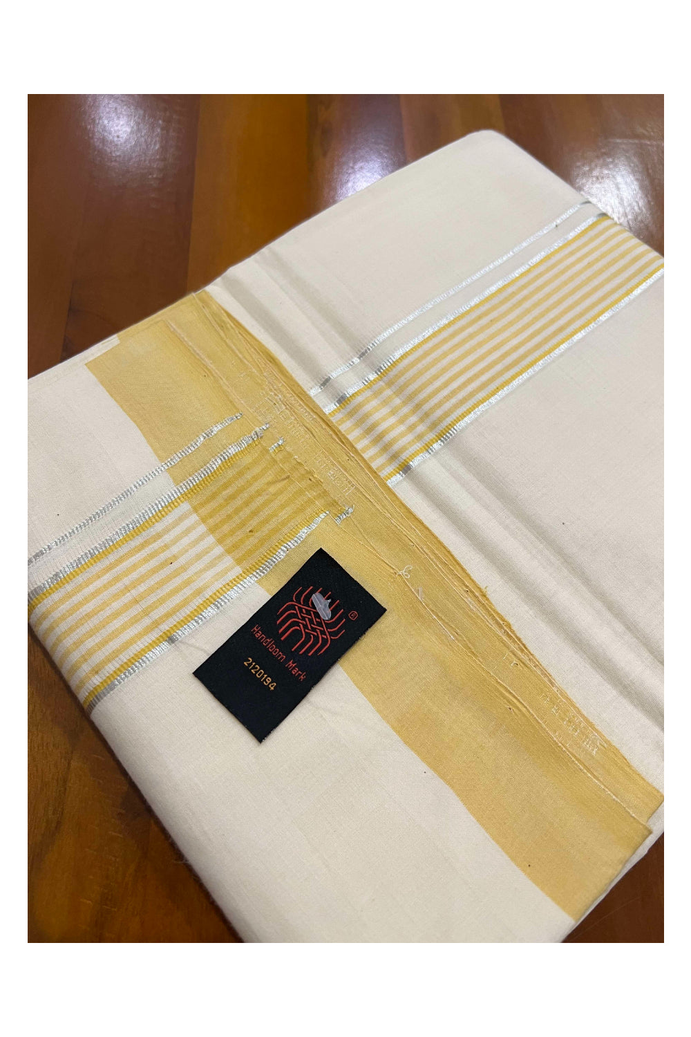 Southloom Balaramapuram Pure Cotton Handloom Mundu with Silver Kasavu and Yellow Lines Border