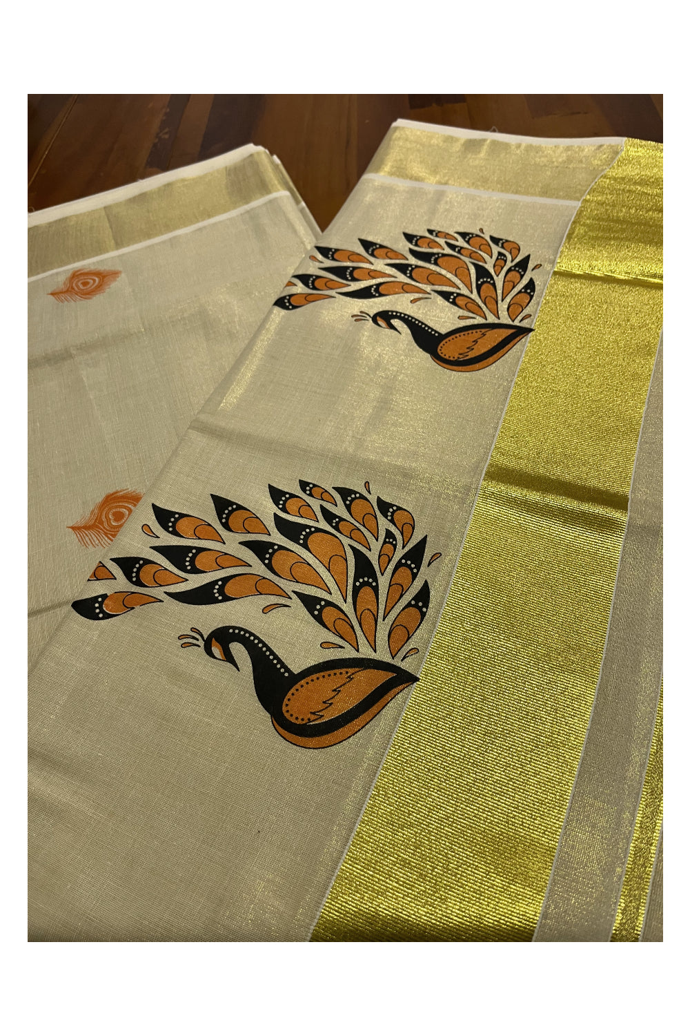 Kerala Tissue Kasavu Saree With Orange Peacock Mural Design