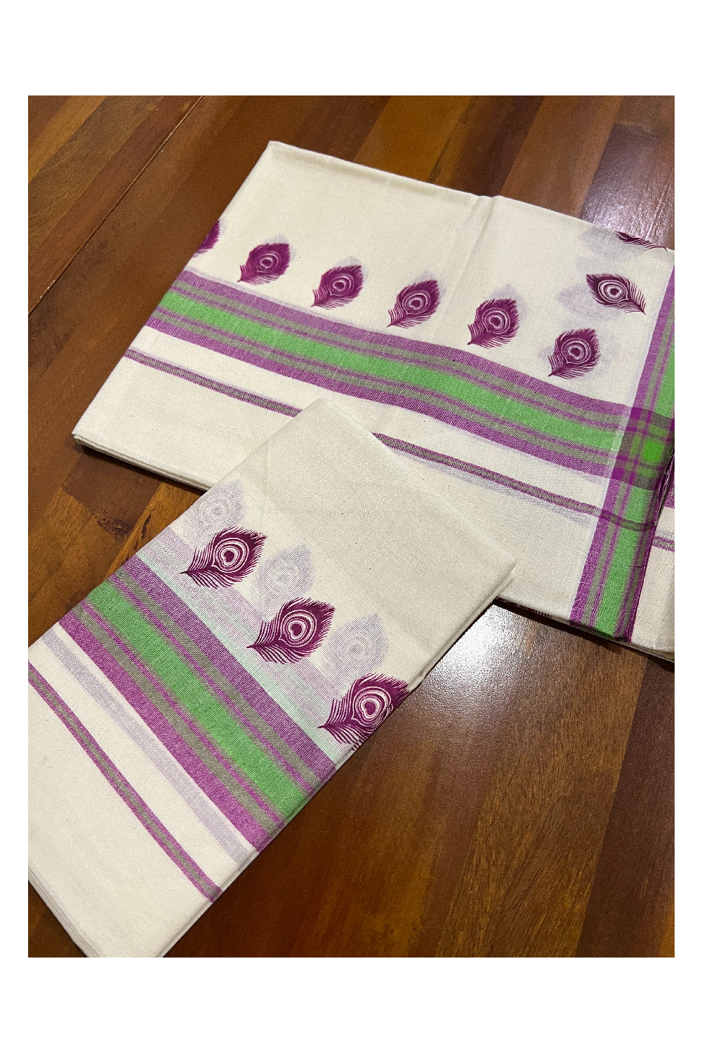 Kerala Cotton Mulloth Mundum Neriyathum Single (Set Mundu) with Magenta Feather Block Print Border (Extra Soft Cotton)