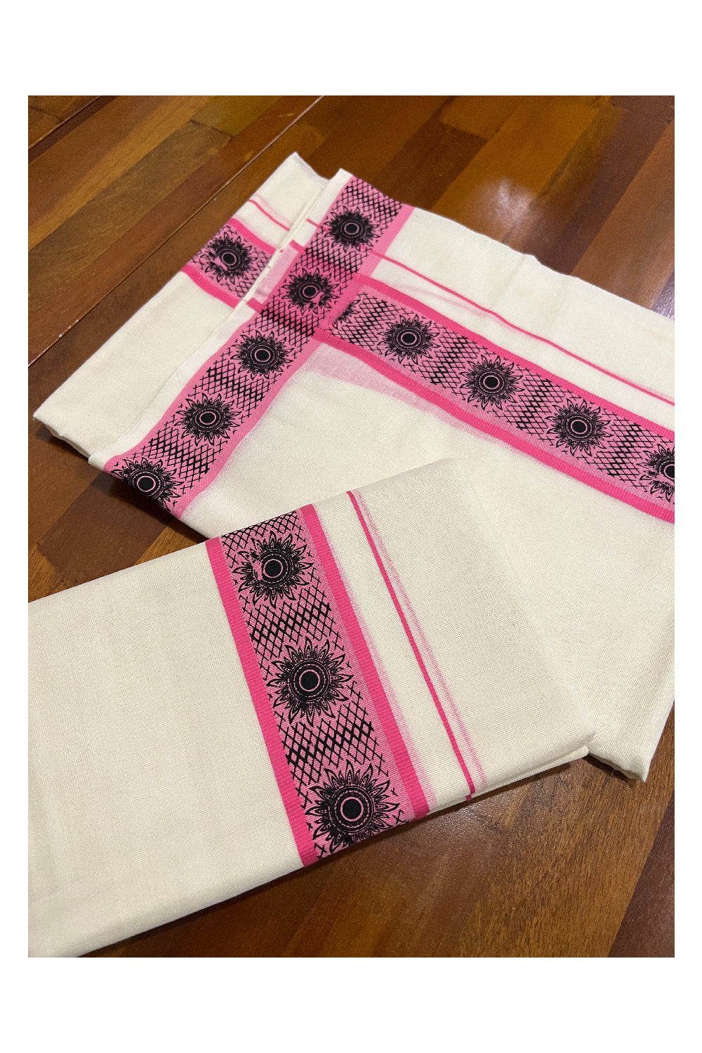 Kerala Cotton Set Mundu (Mundum Neriyathum) with Pink Floral Block Printed Border