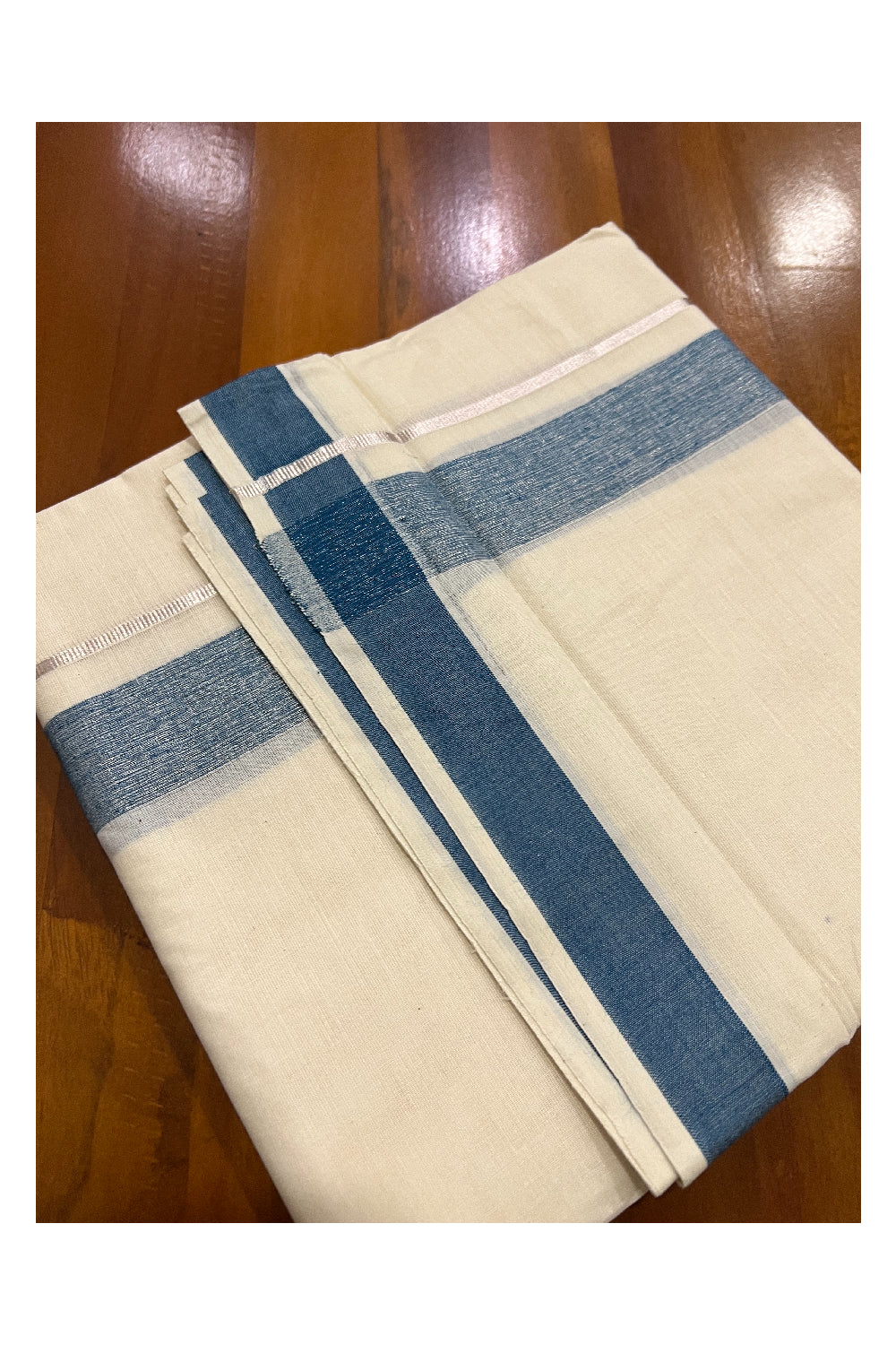 Pure Cotton Off White Double Mundu with Blue and Silver Kasavu Border (South Indian Dhoti)