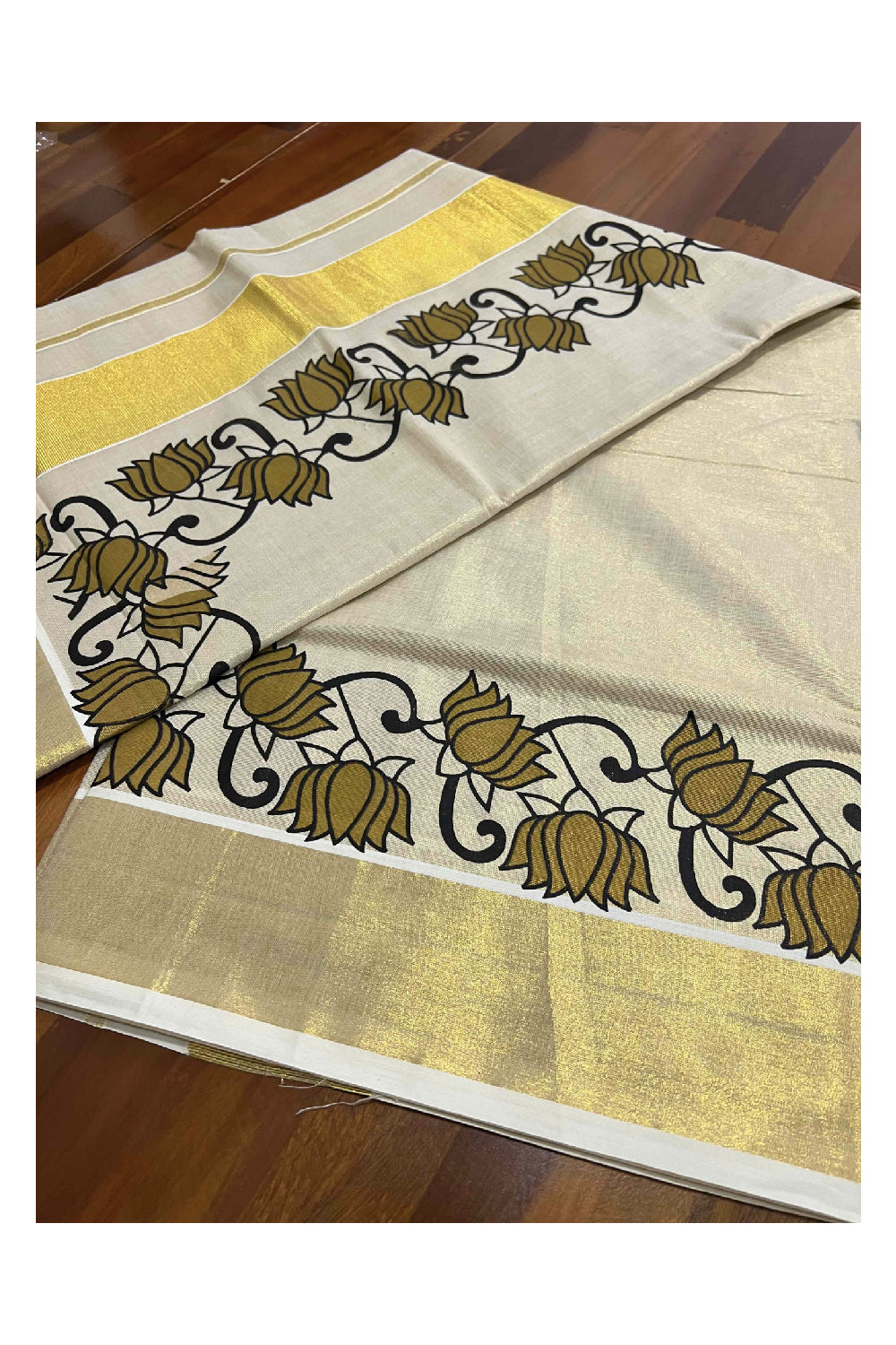 Kerala Tissue Kasavu Saree With Mural Olive Green Floral Design on Pallu and Border