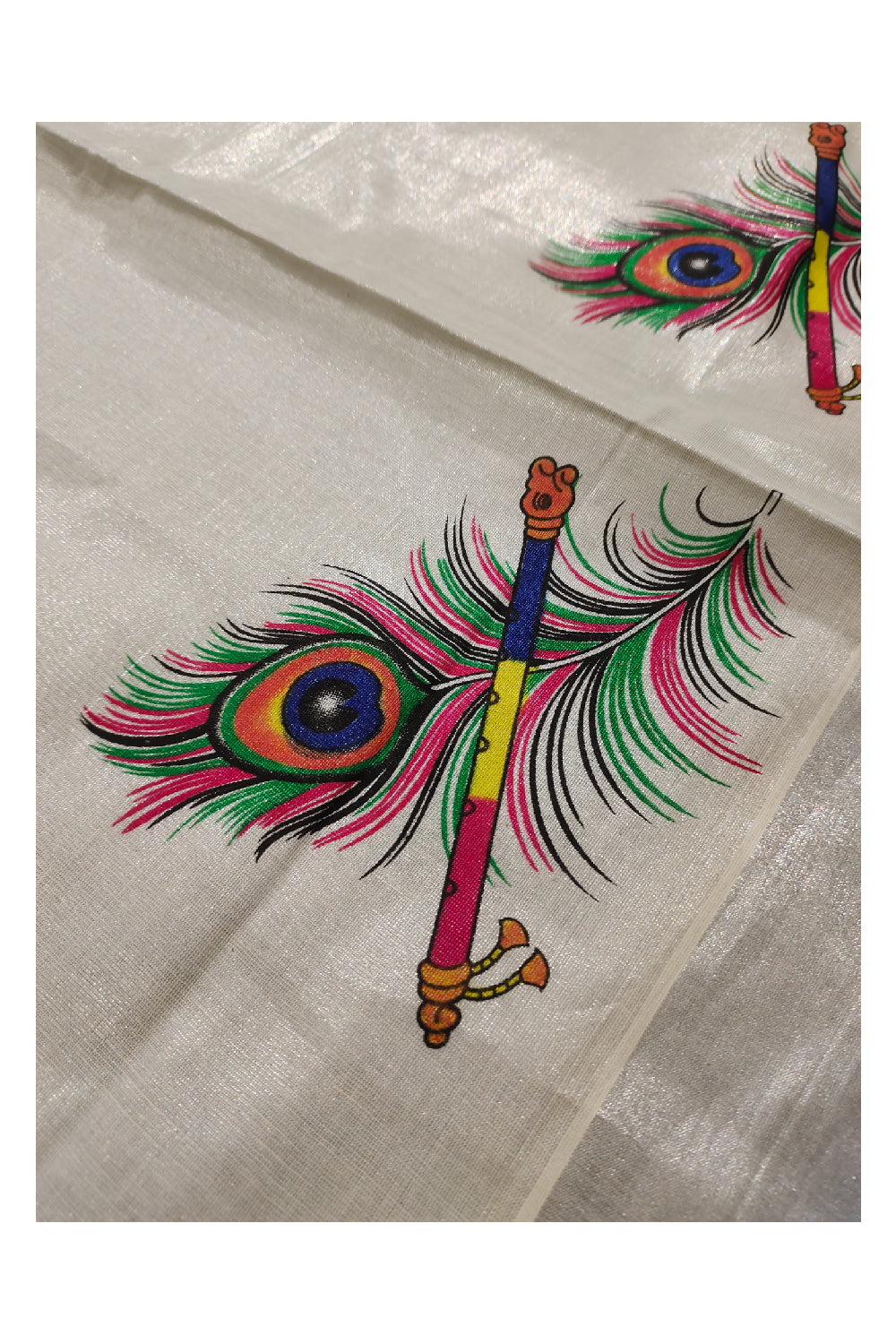 Kerala Silver Tissue Kasavu Onam Saree with Mural Peacock Feather and Flute Design