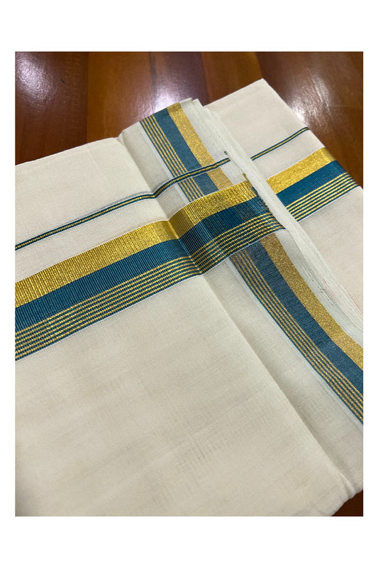 Southloom Kuthampully Handloom Pure Cotton Mundu with Goden and Teal Blue Kasavu Border (South Indian Dhoti)