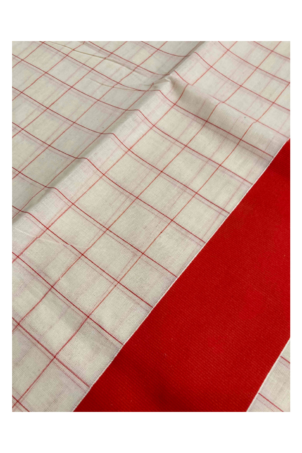 Kerala Pure Cotton Red Woven Check Saree with 3 inch Border