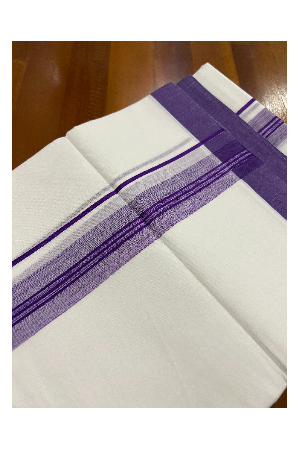Pure White Kerala Cotton Double Mundu with Violet Border (South Indian Dhoti)