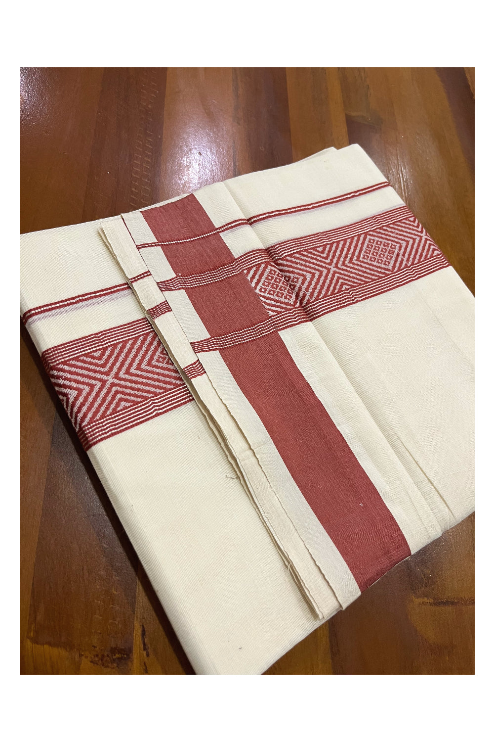 Pure Cotton Off White Double Mundu with Silver Kasavu and Red Woven Border (South Indian Dhoti)