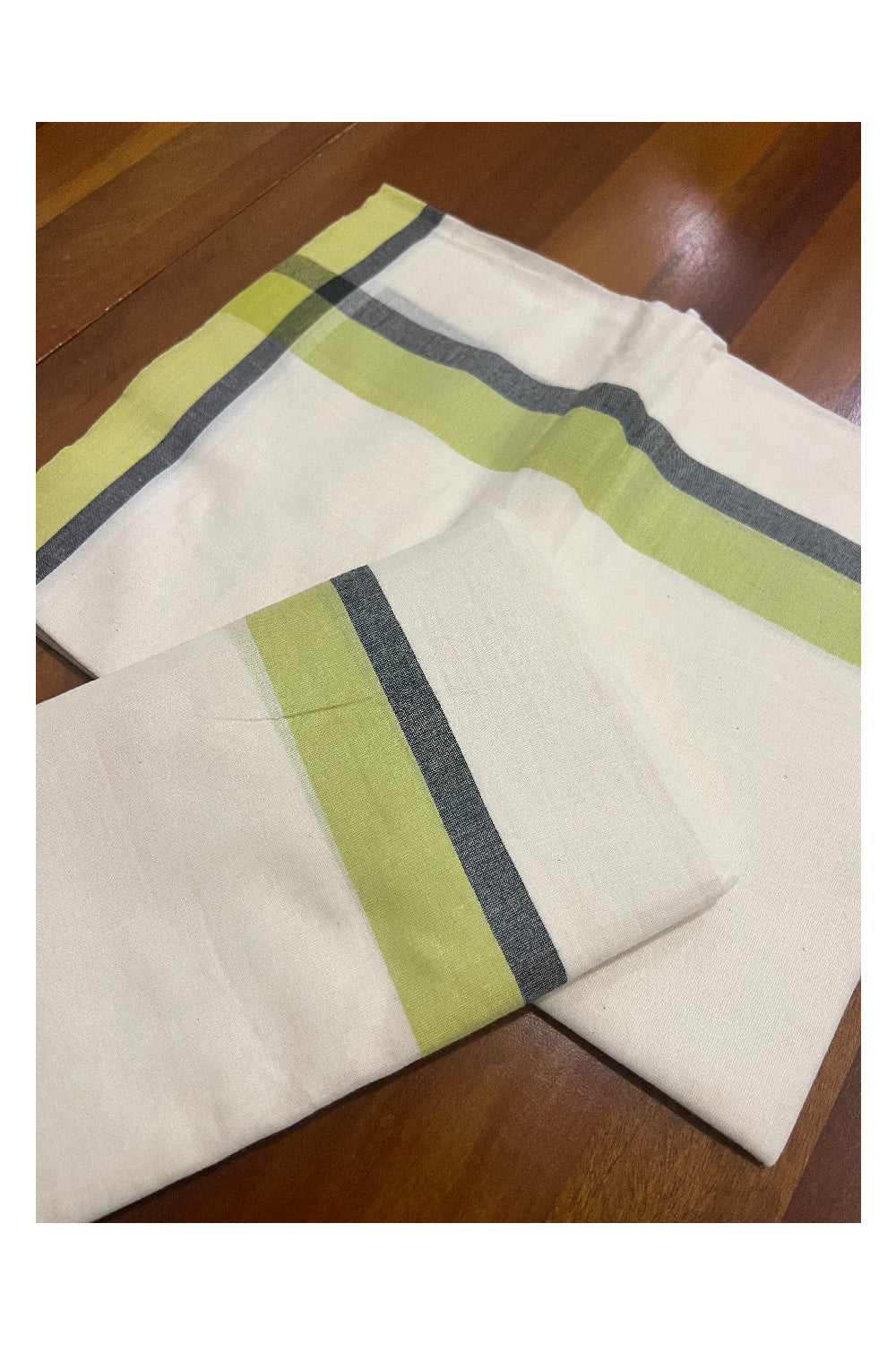 Kerala Cotton Mundum Neriyathum Single (Set Mundu) with Light Green and Black Mulloth Border (Extra Soft Cotton)