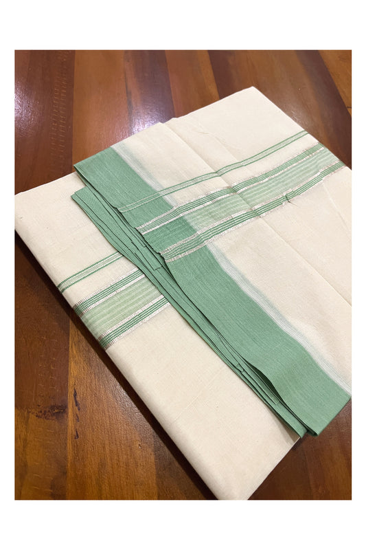 Pure Cotton Off White Double Mundu with Green and Silver Kara (South Indian Dhoti)