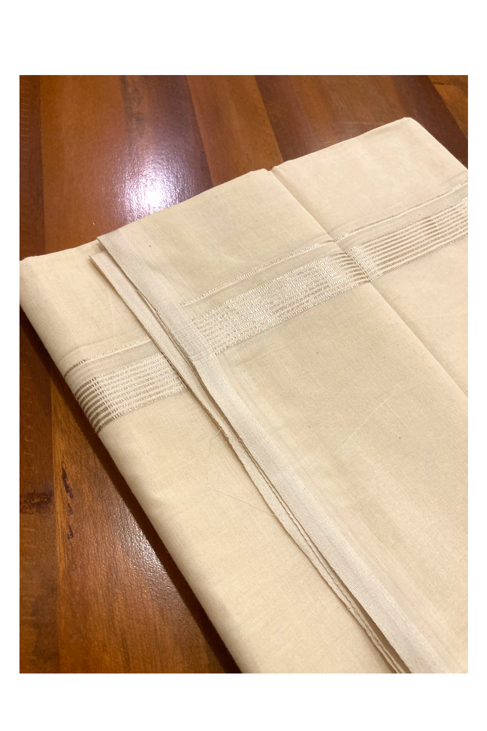 Off White Kerala Double Mundu with Silver Lines Border (South Indian Dhoti)