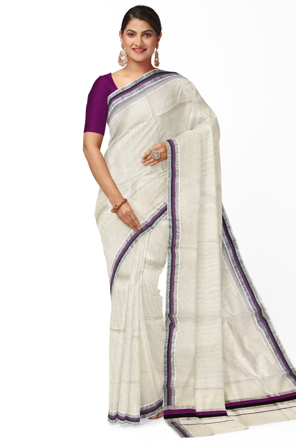 Kerala Pure Cotton Plain Saree with Silver Kasavu Magenta and Black Border