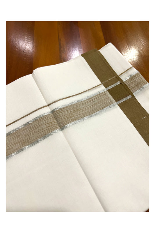 Pure White Cotton Double Mundu with Olive Yellow and Silver Kasavu Border (South Indian Dhoti)