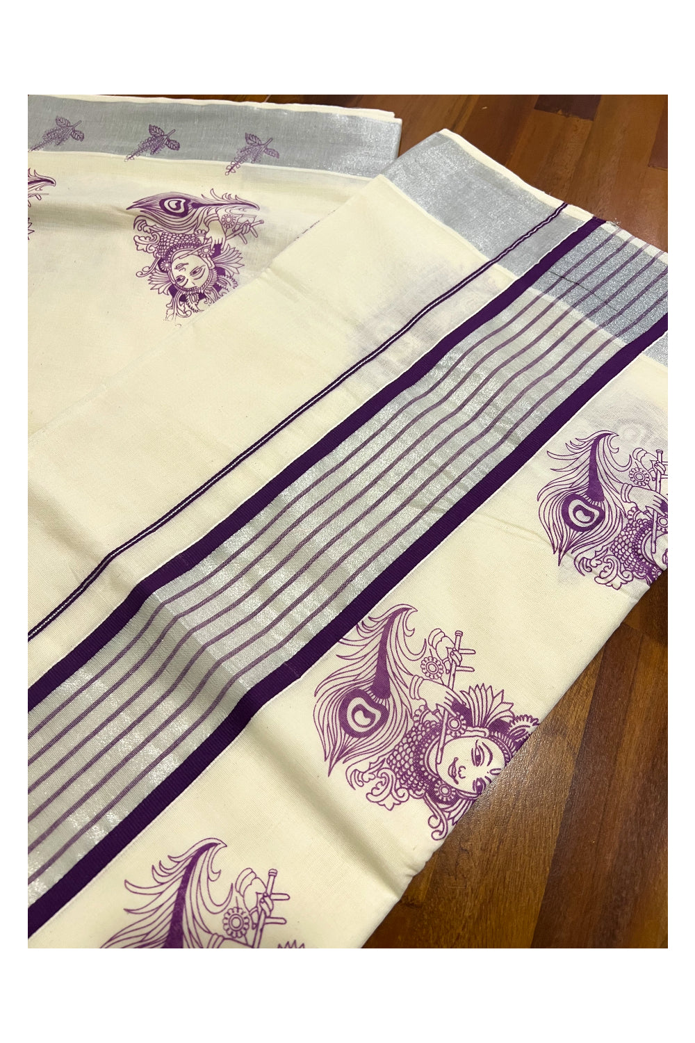 Pure Cotton Kerala Silver Kasavu and Purple Border Saree with Krishna and Feather Block Prints