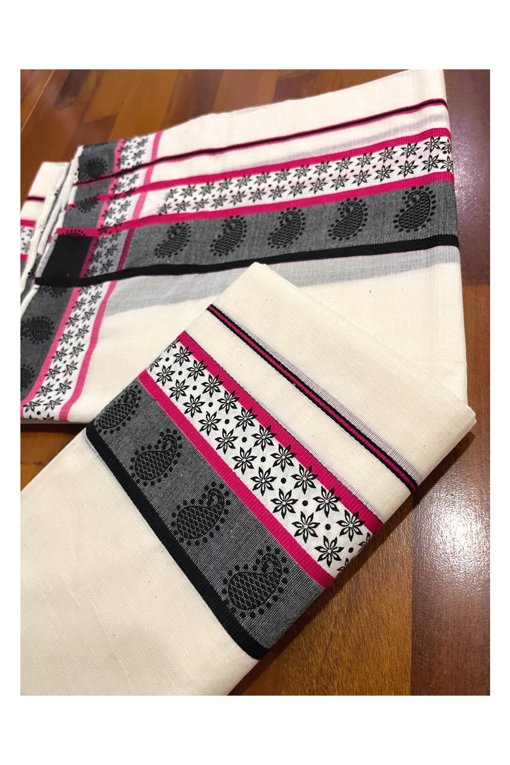 Kerala Cotton Single Set Mundu (Mundum Neriyathum) with Red Black Block Prints on Border