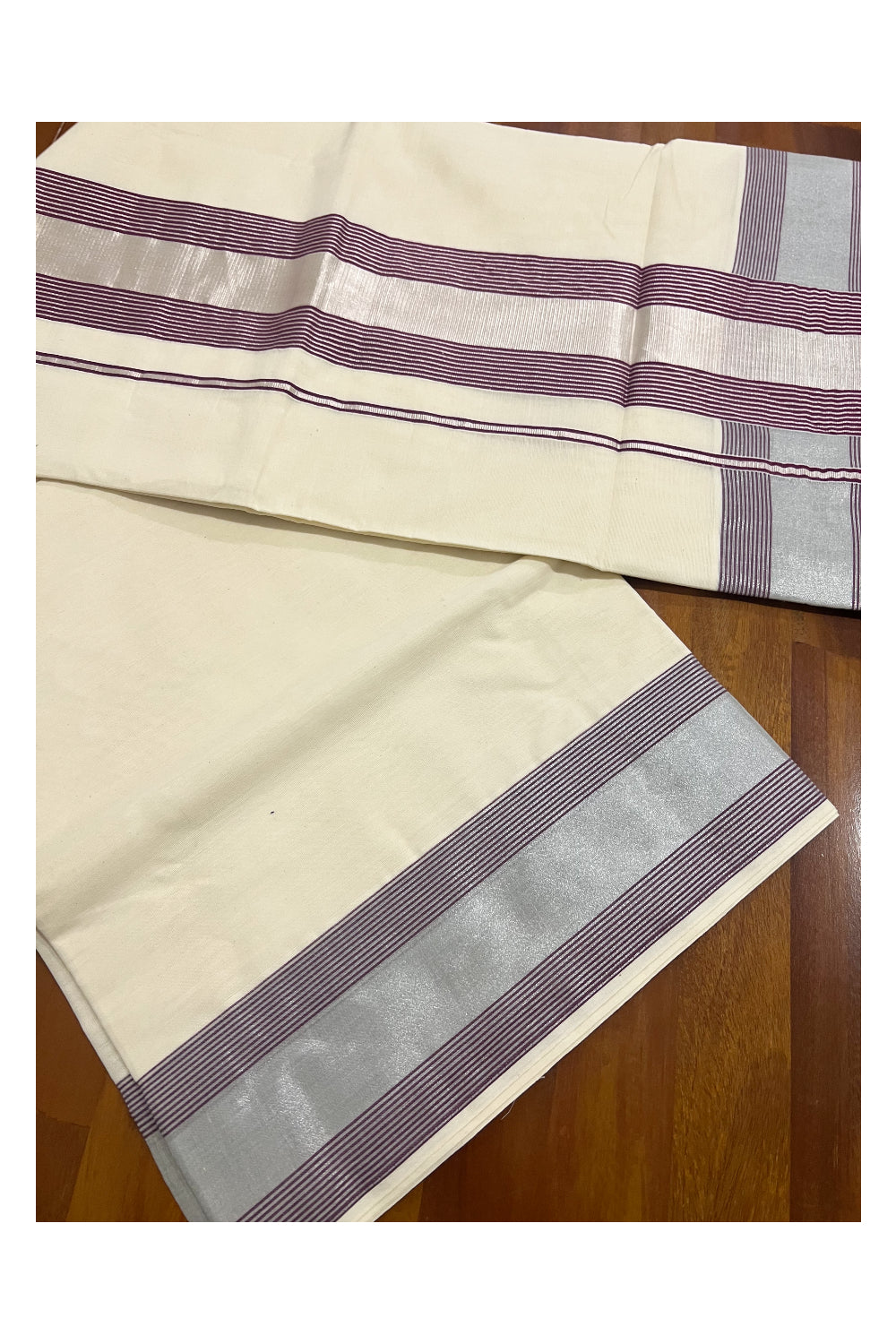 Pure Cotton Kerala Plain Saree with Silver Kasavu and Maroon Line Border