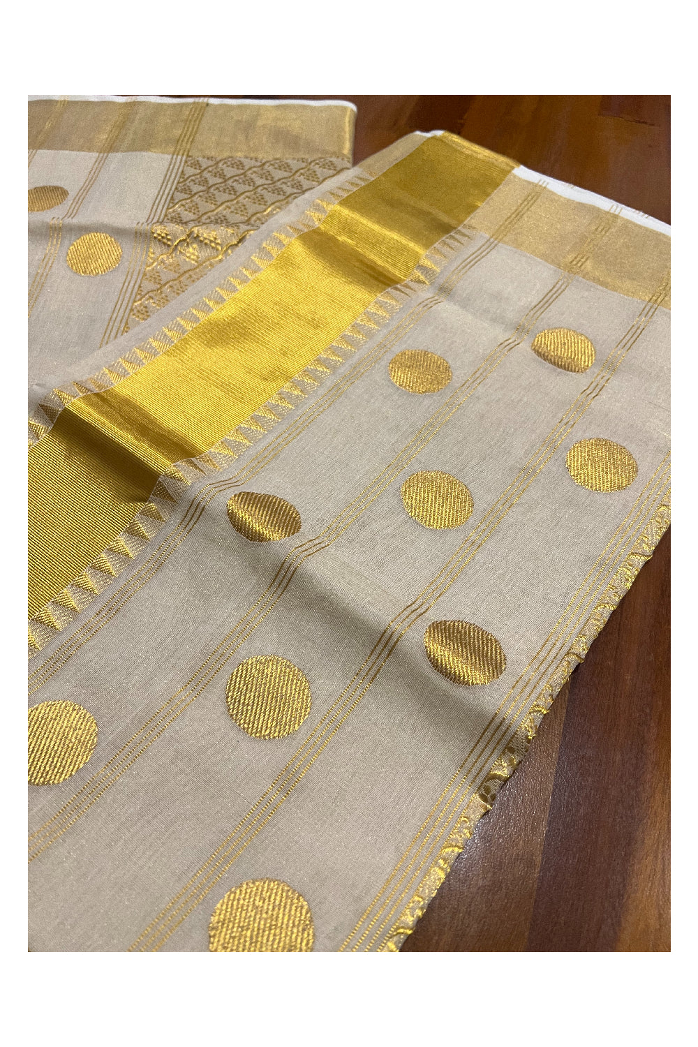 Southloom Onam 2022 Premium Handloom Tissue Kasavu Saree with Woven Polks Motifs