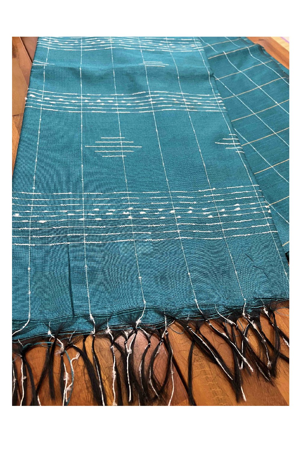 Southloom Teal Green Semi Tussar Checkered Designer Saree with Tassels on Pallu