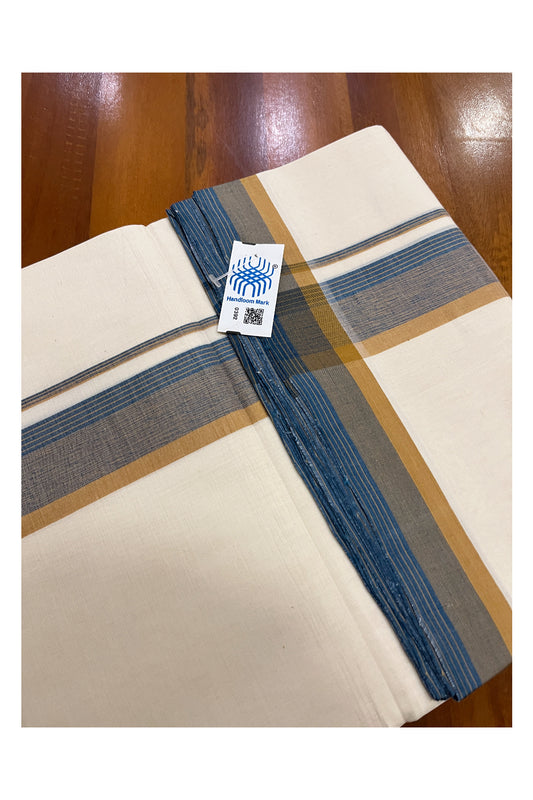 Southloom Premium Unakkupaavu Handloom Mundu with Yellow and Blue Lines Border (South Indian Dhoti)