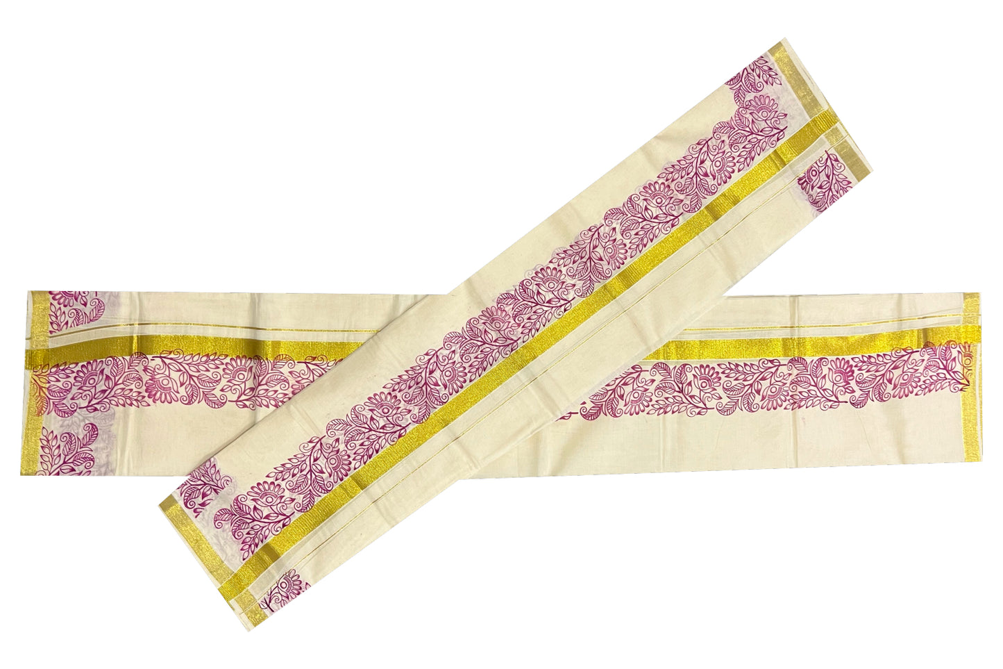 Kerala Cotton Kasavu Set Mundu (Mundum Neriyathum) with Magenta Floral Block Prints on Border