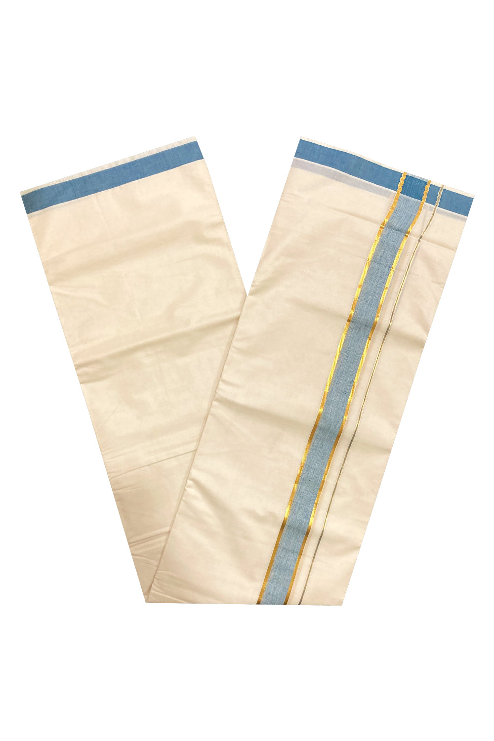 Pure Cotton Double Mundu with Blue and Kasavu Border (South Indian Dhoti)