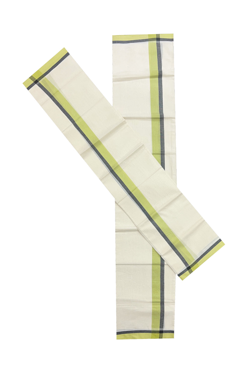 Kerala Cotton Mundum Neriyathum Single (Set Mundu) with Light Green and Black Mulloth Border (Extra Soft Cotton)