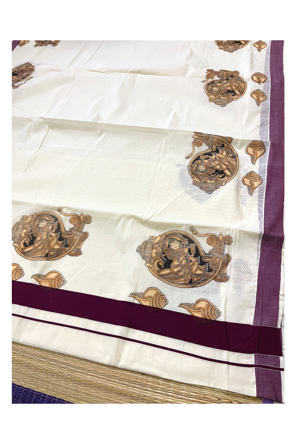 Kerala Pure Cotton Saree with Mural Printed Krishna and Shell Design and Purple Border