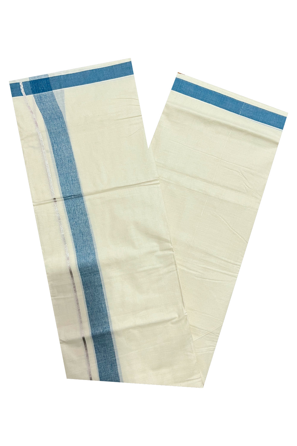 Pure Cotton Off White Double Mundu with Blue and Silver Kasavu Border (South Indian Dhoti)