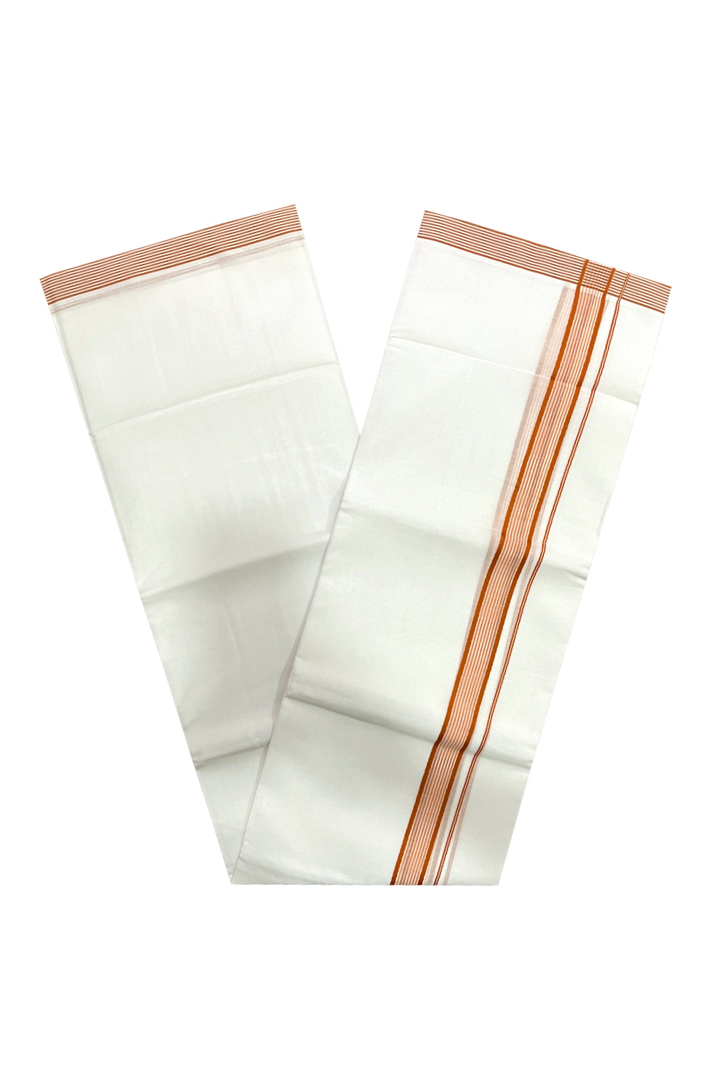 Pure White Cotton Double Mundu with Orange Lines Border (South Indian Dhoti)