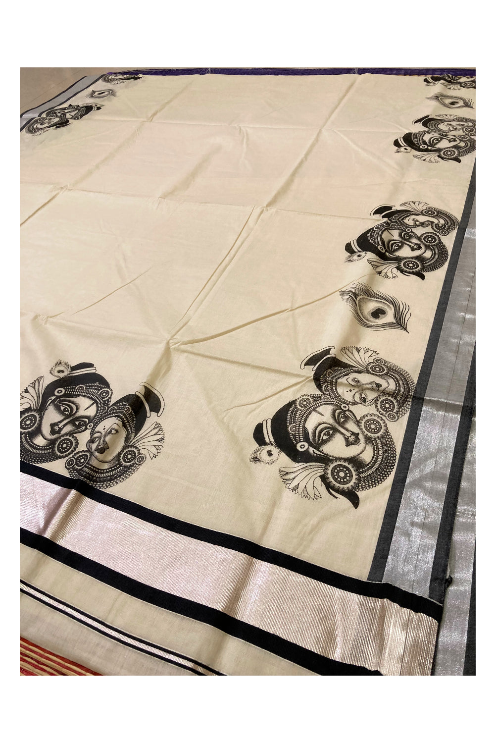 Kerala Pure Cotton Silver Kasavu Saree with Krishna Radha Face Mural Prints