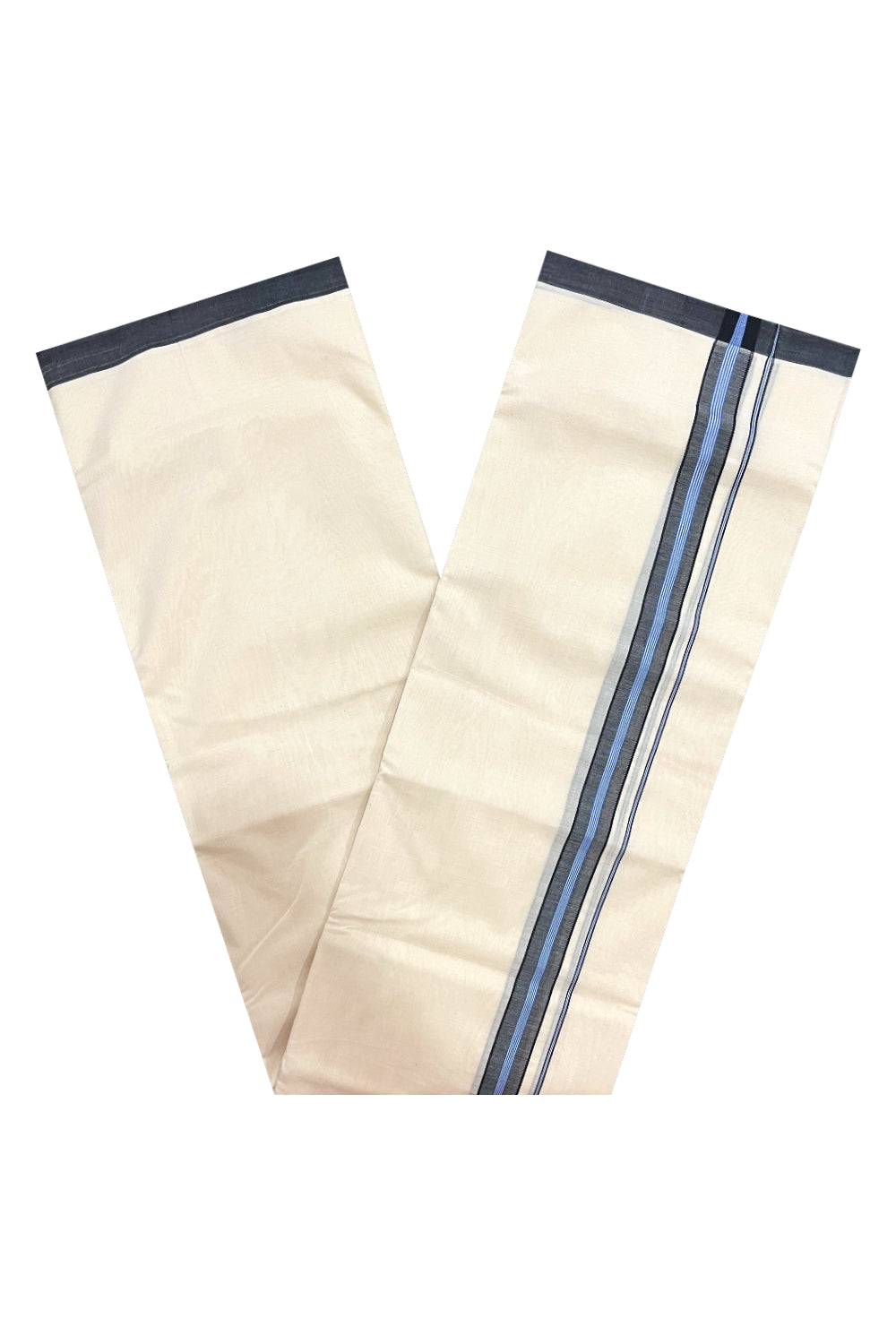 Southloom Premium Handloom Double Mundu with Black and Blue Border