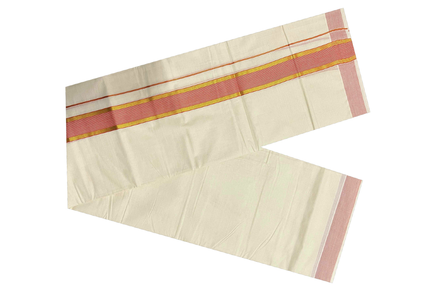 Off White Kerala Double Mundu with Red and Kasavu Border (South Indian Dhoti)