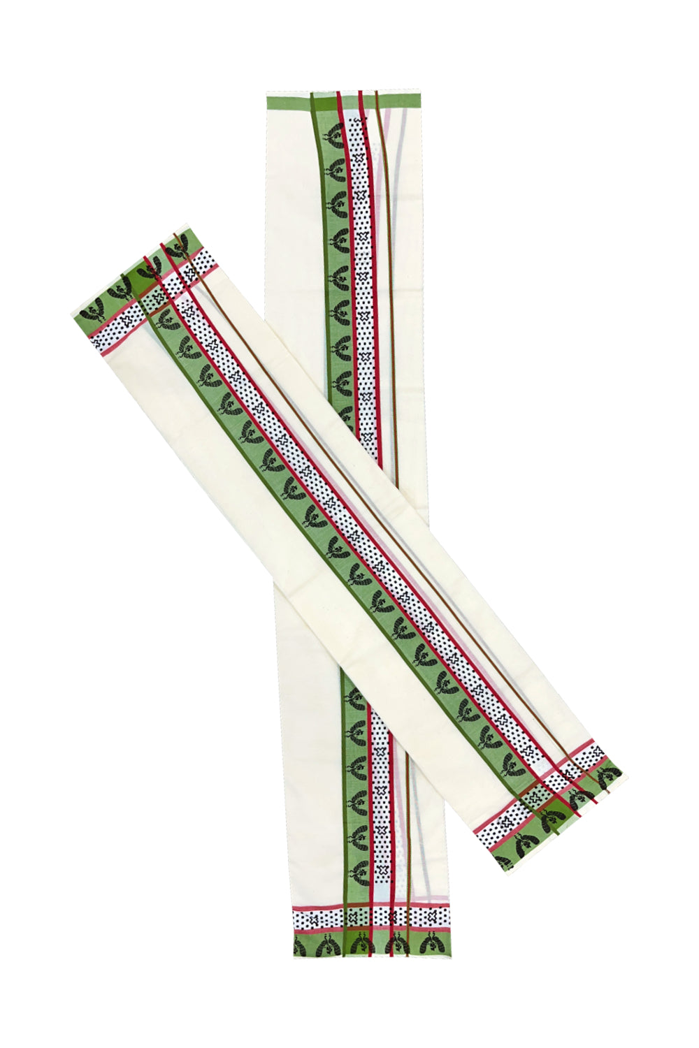 Kerala Cotton Single Set Mundu (Mundum Neriyathum) with Black Block Prints on Green Red Border