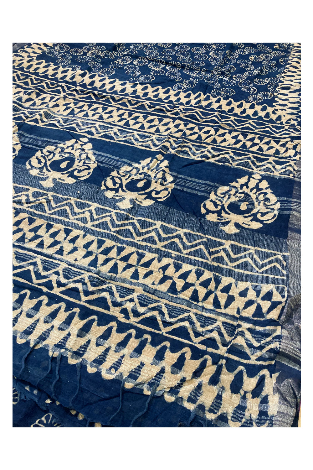 Southloom Linen Indigo Blue Saree with White Designer Prints and Tassels works on Pallu