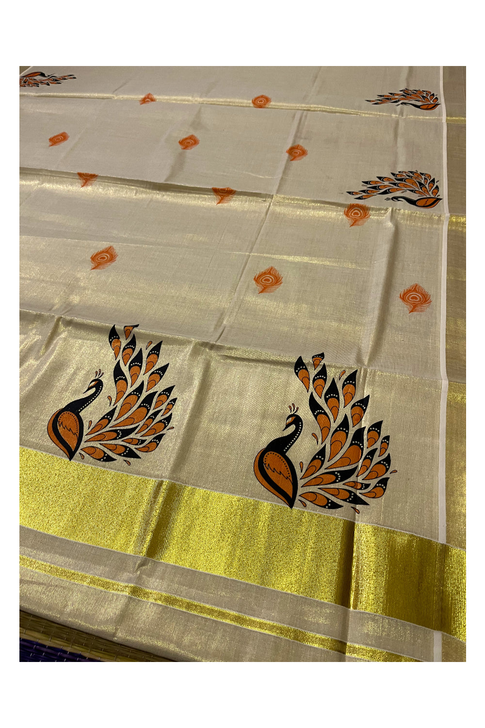 Kerala Tissue Kasavu Saree With Orange Peacock Mural Design