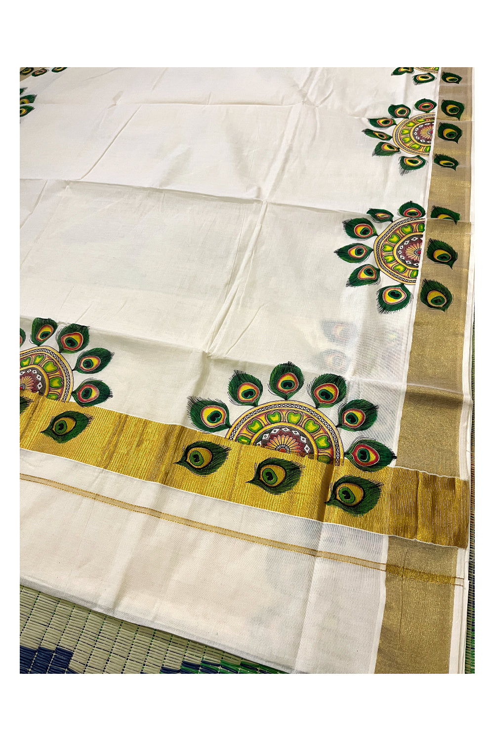 Kerala Pure Cotton Kasavu Saree with Mural Printed Semi Circle Peacock Feather Design