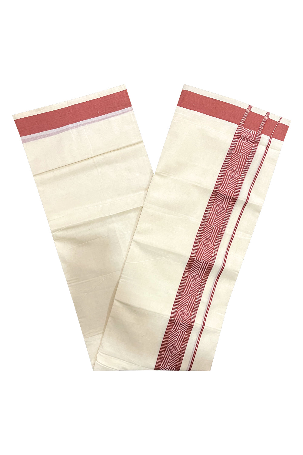 Pure Cotton Off White Double Mundu with Silver Kasavu and Red Woven Border (South Indian Dhoti)