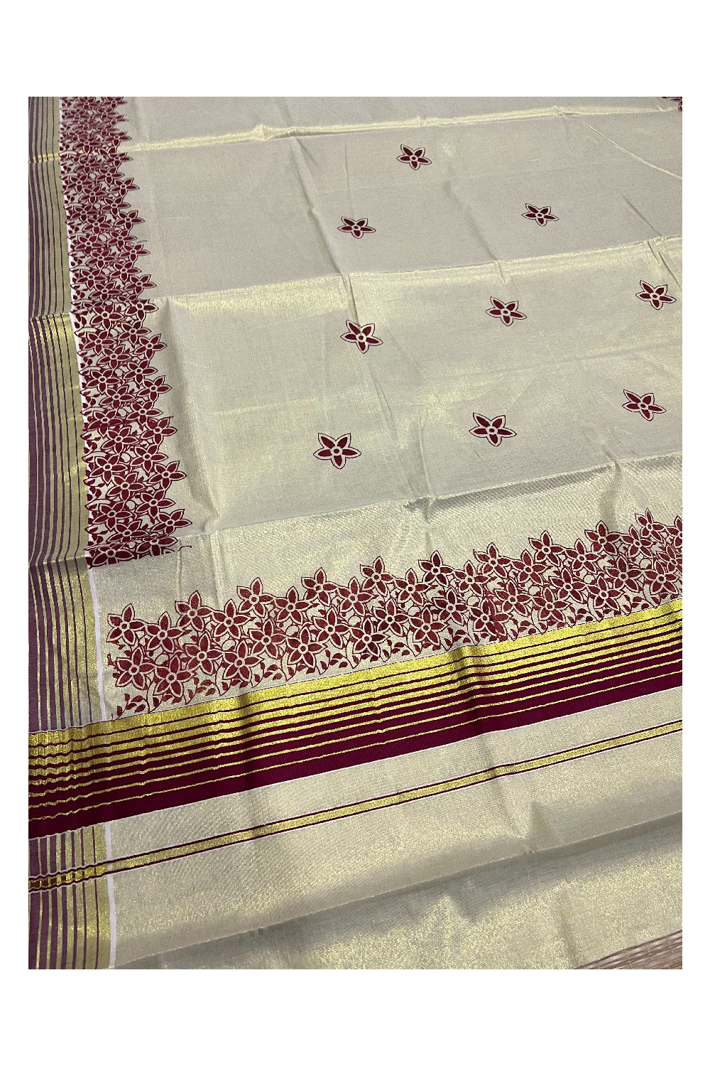 Kerala Tissue Kasavu Saree With Maroon Mural Floral Design