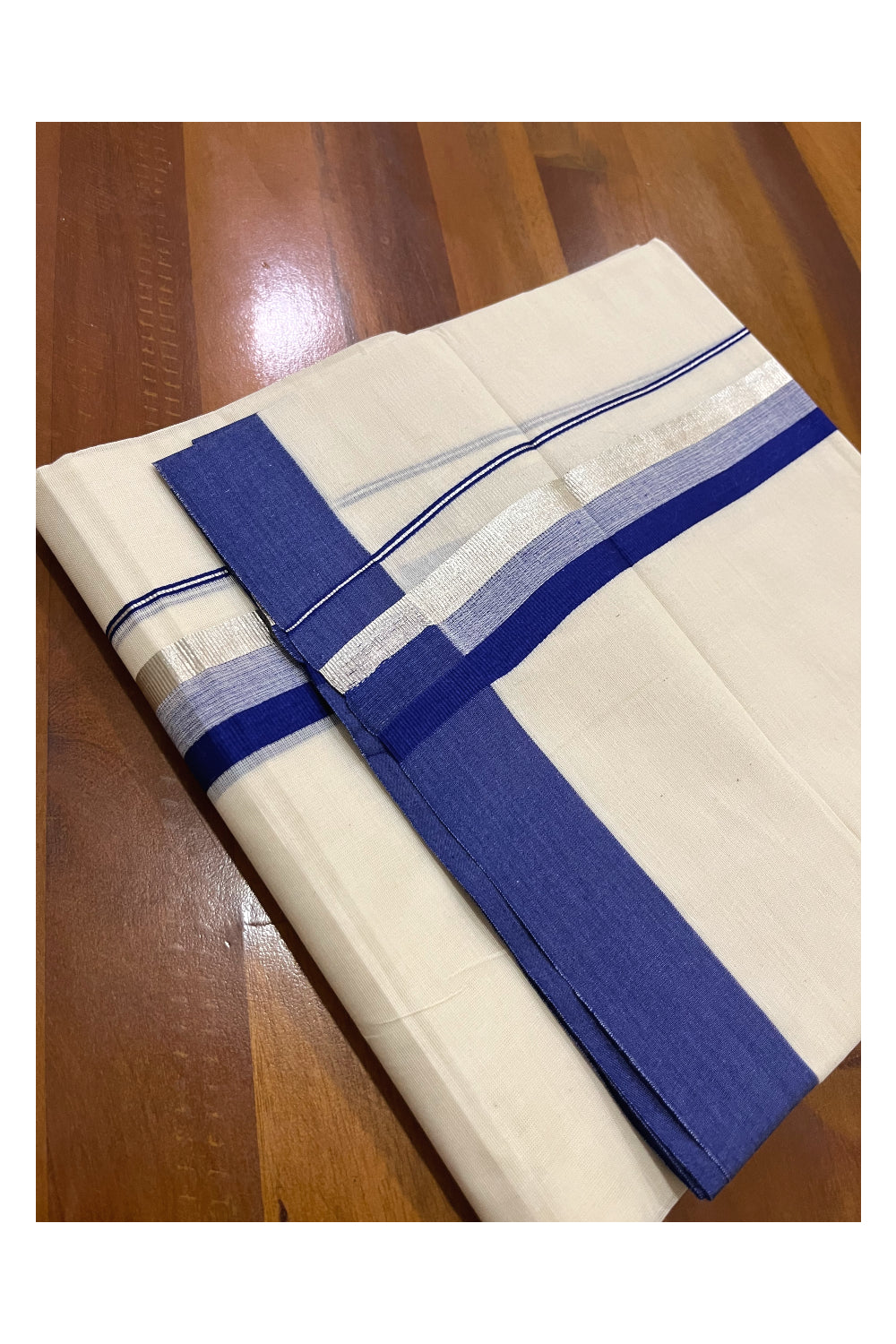 Pure Cotton Off White Double Mundu with Silver Kasavu and Blue Border (South Indian Dhoti)