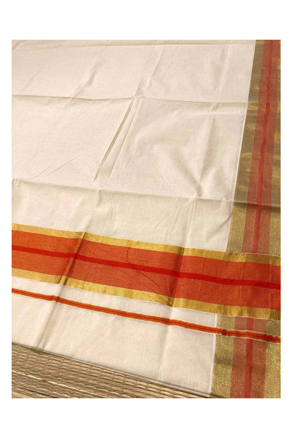 Kerala Pure Cotton Plain Saree with Kasavu and Orange Border