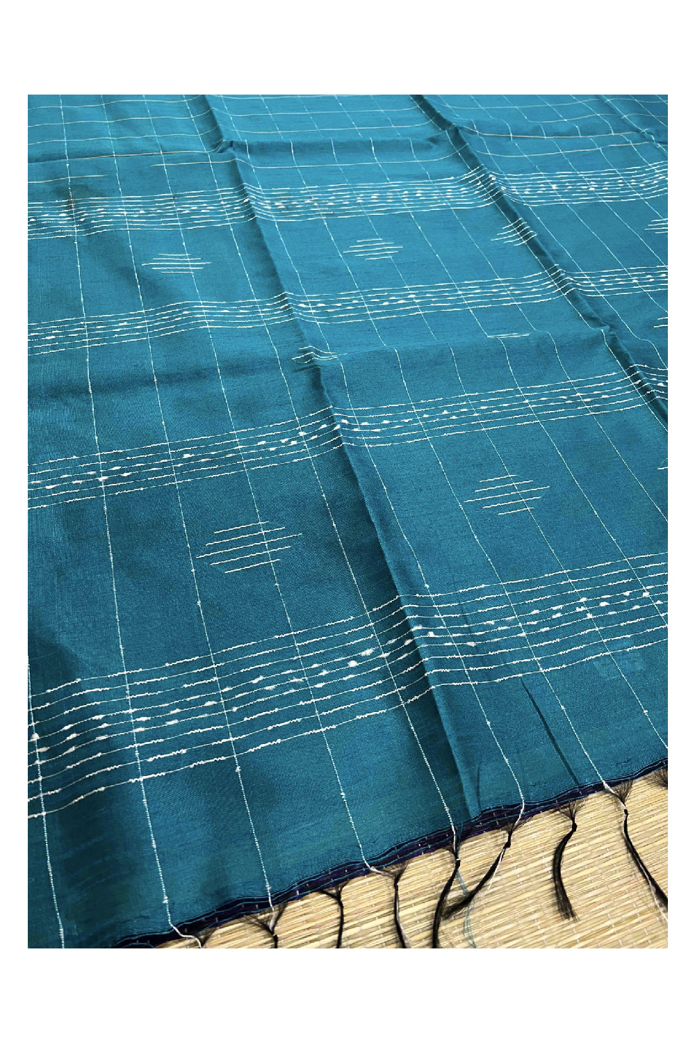 Southloom Teal Green Semi Tussar Checkered Designer Saree with Tassels on Pallu