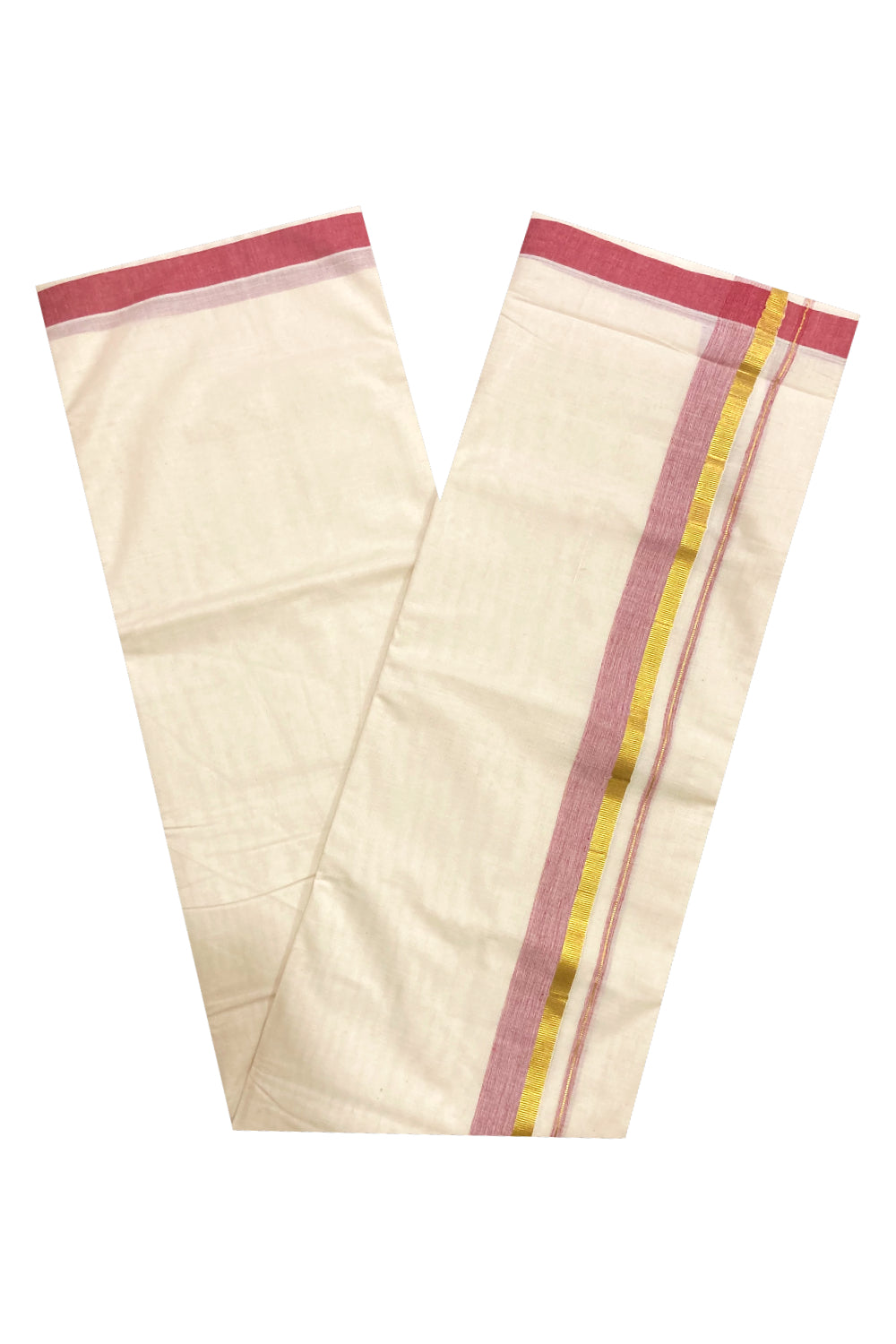 Pure Cotton Off White Double Mundu with Red and Kasavu Border (South Indian Dhoti)