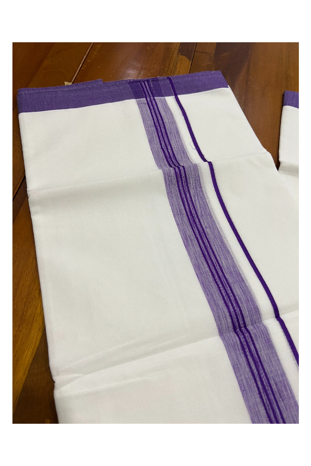 Pure White Kerala Cotton Double Mundu with Violet Border (South Indian Dhoti)