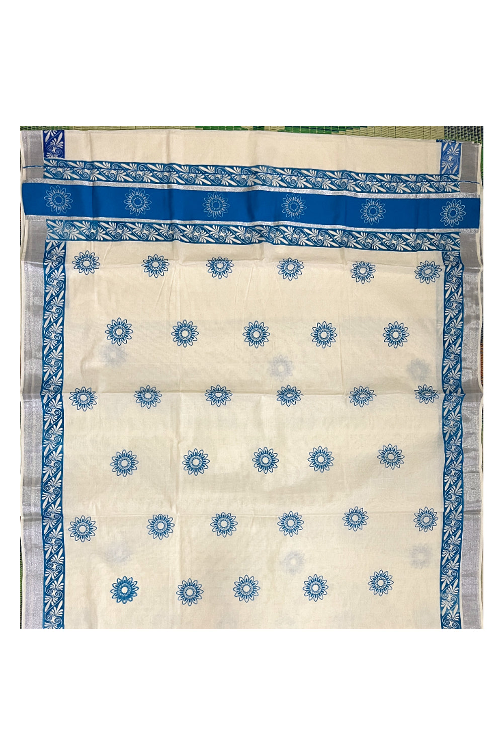 Pure Cotton Kerala Saree with Blue Block Prints and Silver Kasavu Border (Onam Saree 2023)